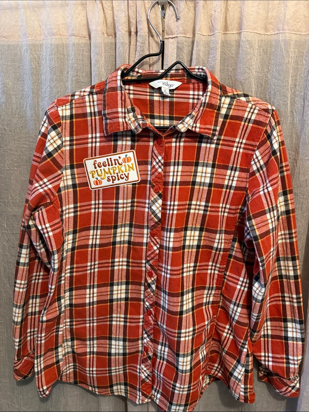 Indigo Red Plaid Button-Down Shirt with 'Feelin' Pumpkin Spicy' Patch